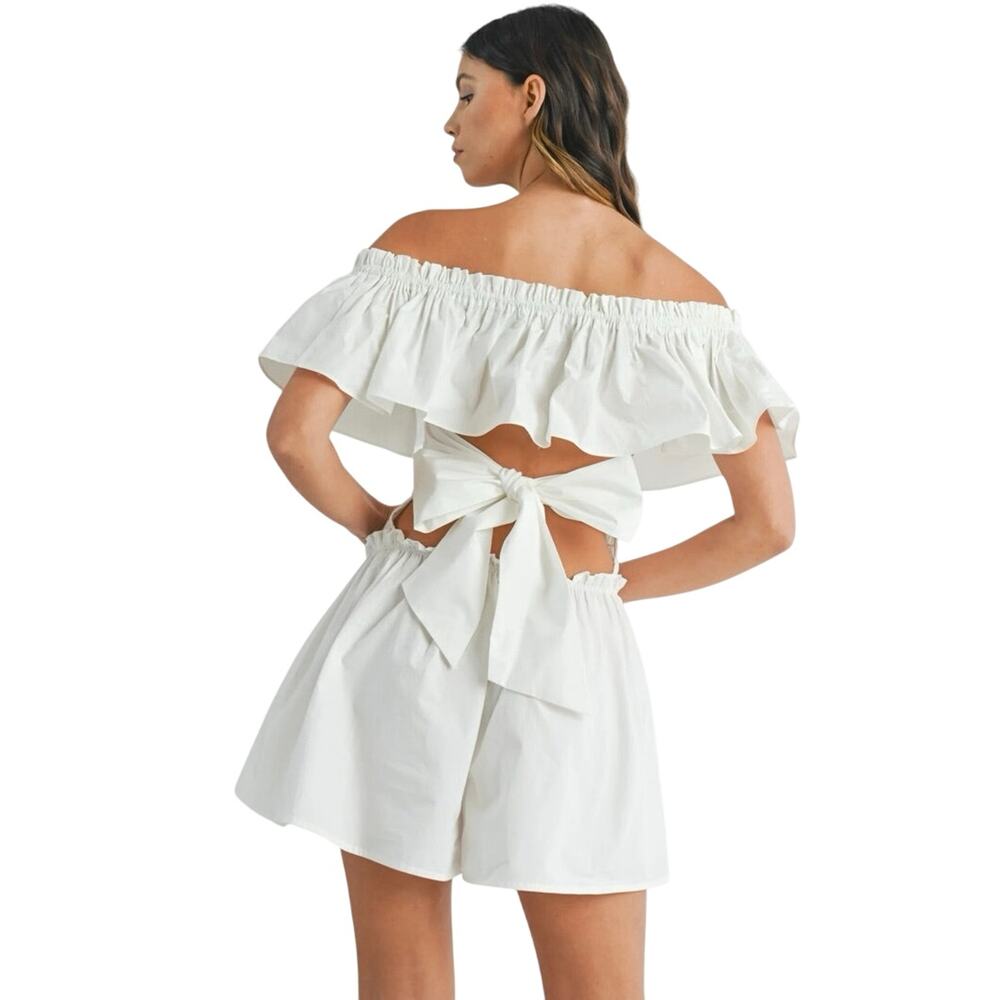 Mable JILL RUFFLED OFF THE SHOURDER ROMPER White Women’s M Cottagecore Bride Bow